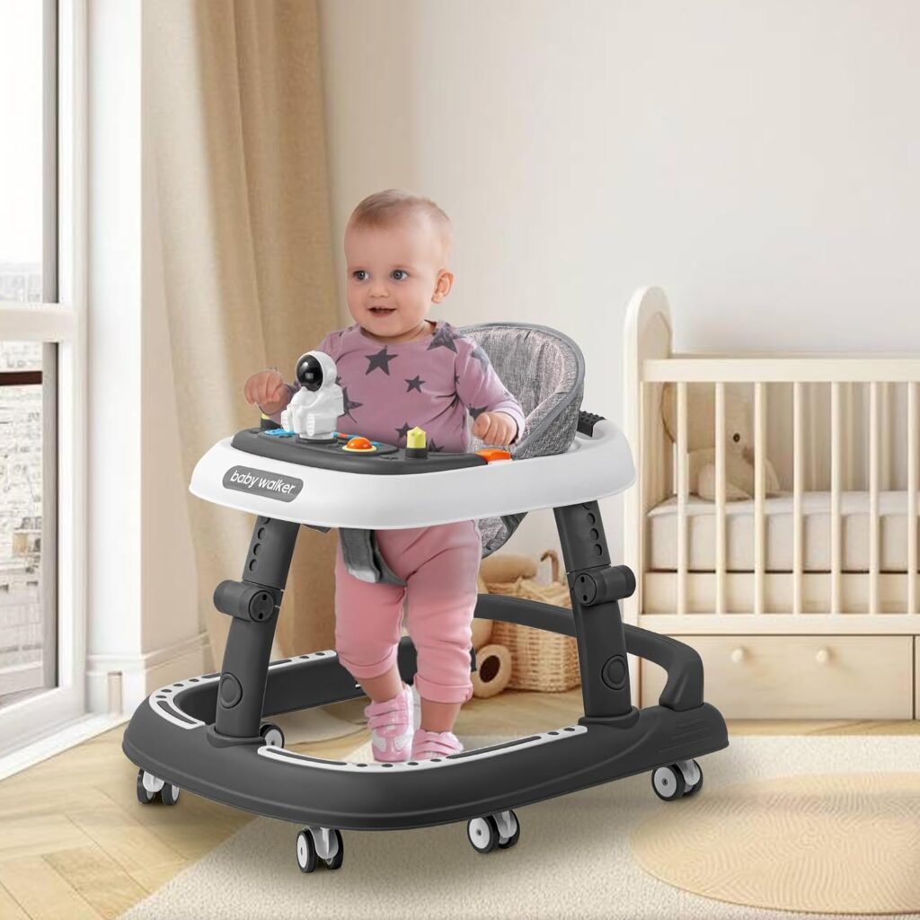 Baby Walker, 3-in-1 Foldable Baby Walker for Baby Boys and Baby Girls, 8-Gear Height Adjustable Baby Walkers with Wheels and Baby Activity Center with Astronaut Toys for Baby 6-24 Months