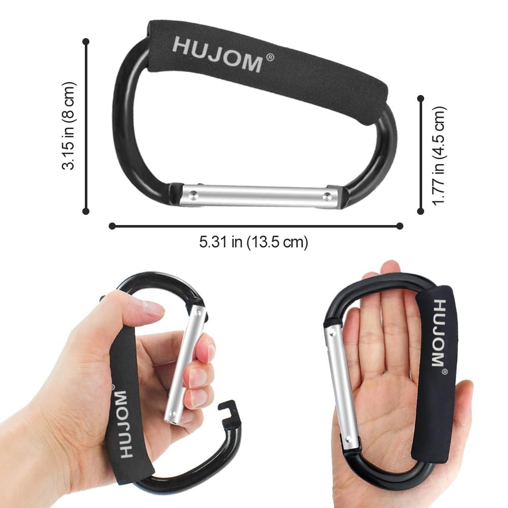 2 Pcs Hujom Stroller Hooks Carabiner Clips to Hang Mom Diaper, Purse Grocery, and Shopping Bags. Heavy Duty Accessories for Outdoor, Camping and Hiking.