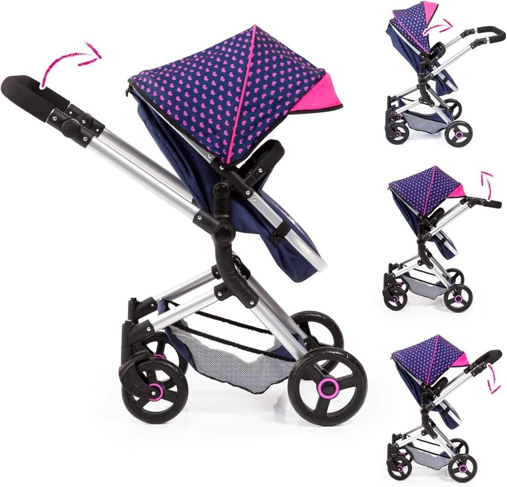 Bayer Design Baby Doll City Vario Pram, Blue Pink with Hearts Unicorn