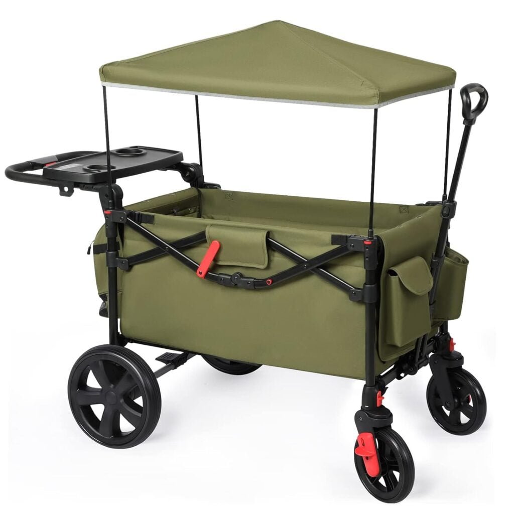 EVER ADVANCED Foldable Wagons for Two Kids  Cargo, Collapsible Folding Stroller with Adjustable Handle Bar,Removable Canopy with 5-Point Harness Gray