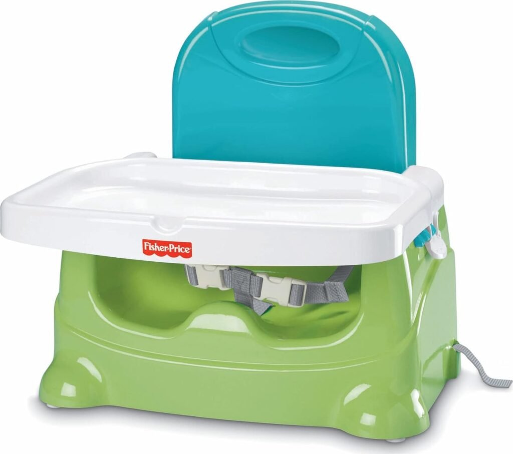 Fisher-Price Portable Toddler Booster Seat, Healthy Care, Travel Dining Chair with Dishwasher Safe Tray, Green