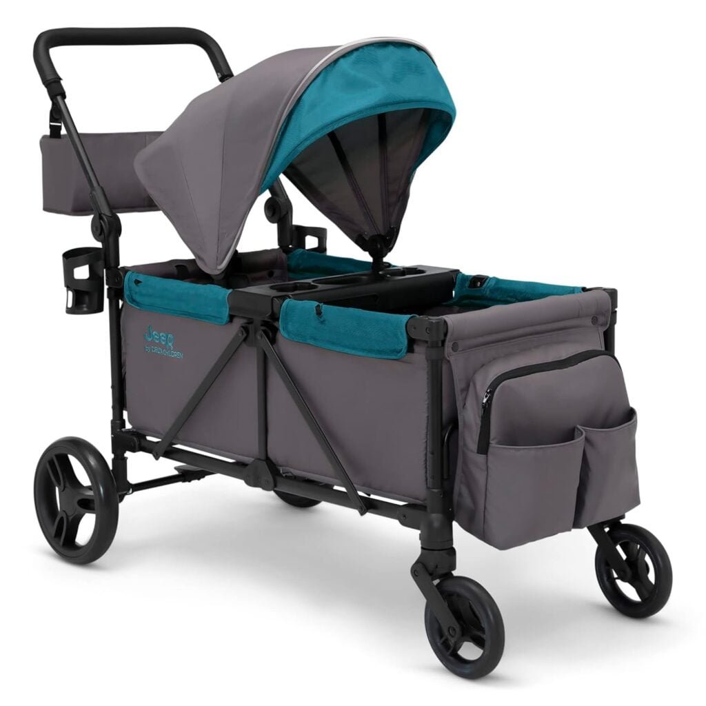 Jeep Sport All-Terrain Stroller Wagon by Delta Children - Includes Canopy, Parent Organizer, Adjustable Handlebar, Snack Tray  Cup Holders, Grey/Olive Green