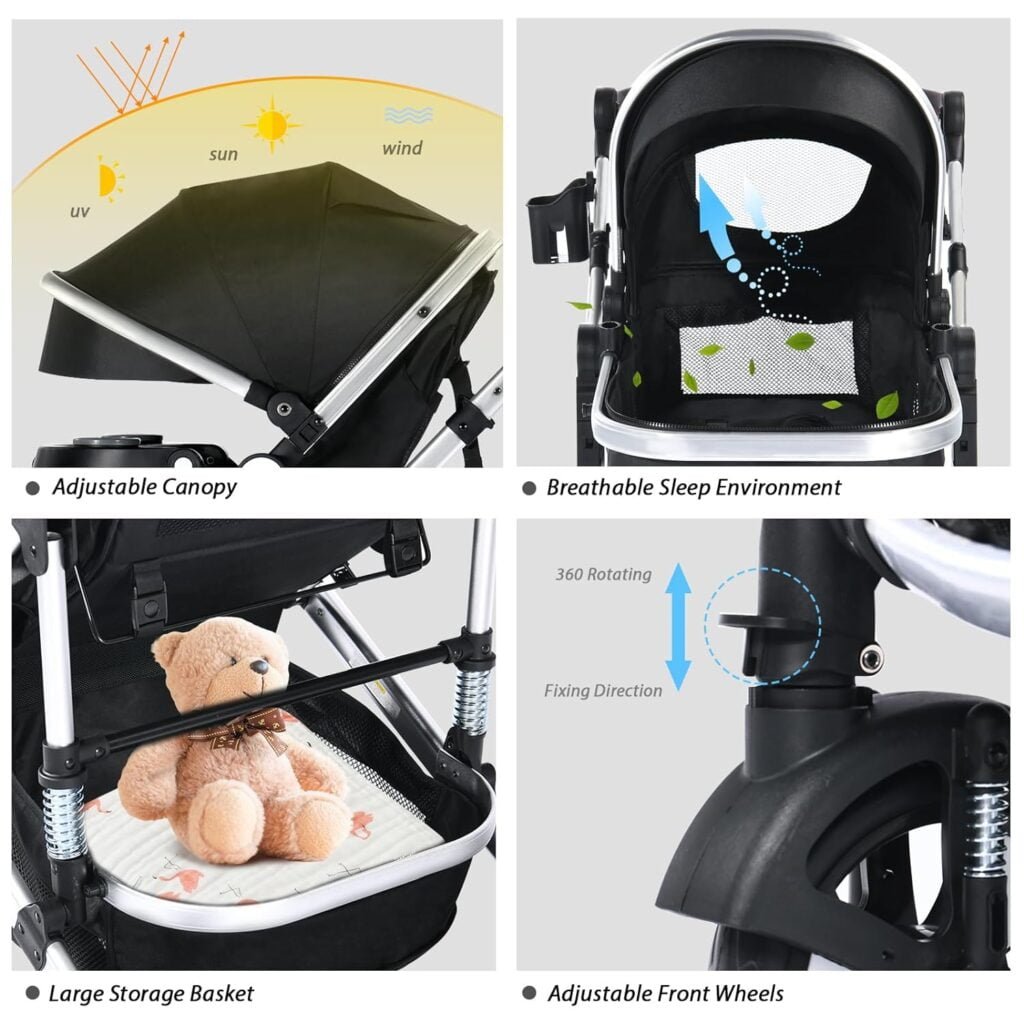 Kinder King 3 in 1 Reversible Baby Stroller w/Detachable Tray, Convert to Newborn Bassinet Pram, Folding Infant Carriage for Toddler, Adjustable Canopy, Aluminum Alloy, Suspension Wheels, Black