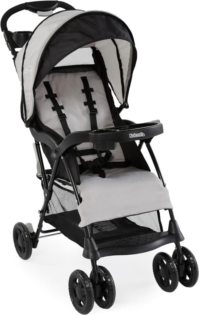 Kolcraft Cloud Plus Lightweight Easy Fold Compact Toddler Stroller and Baby Stroller for Travel, Large Storage Basket, Multi-Position Recline, Convenient One-hand Fold, 13 lbs - Slate Gray