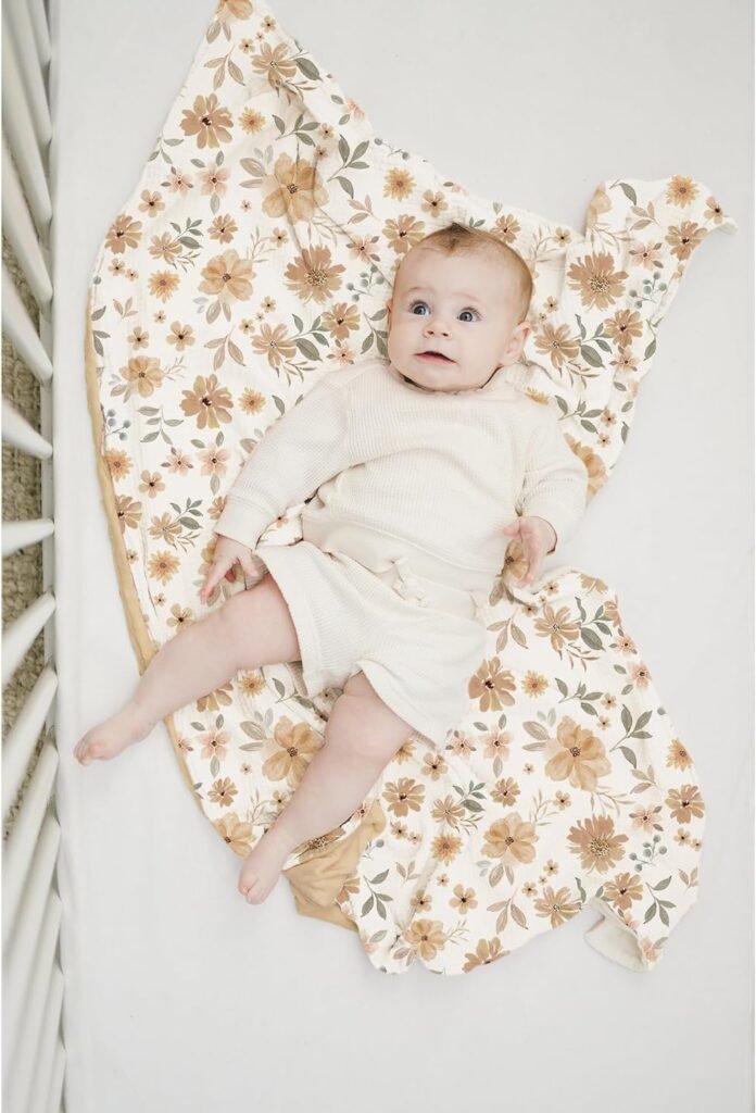 Konssy Baby Blankets for Unisex Boys Girls, Super Soft Nursery Minky Blankets with Muslin Cotton Front and Dotted Fleece Backing, Printed Bed Throws Newborn(Warm Sun)