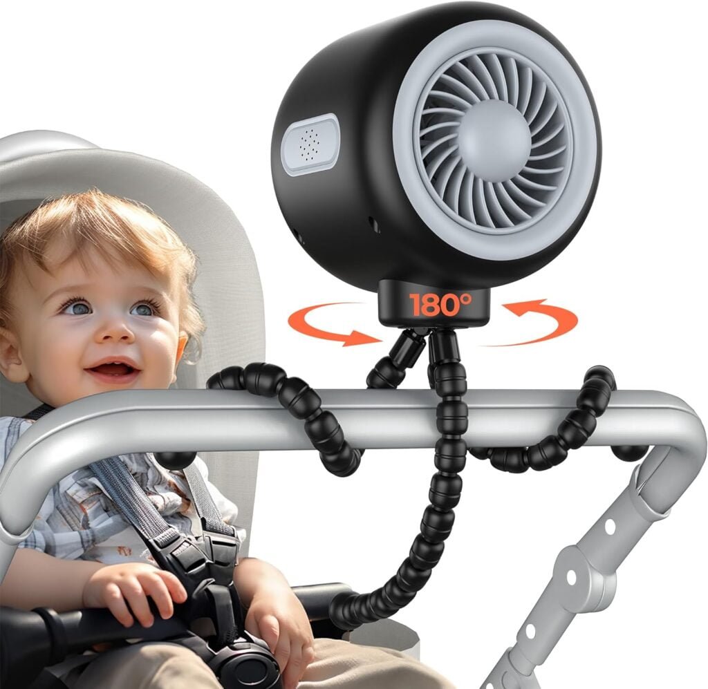 Koonie Oscillating Stroller Fan, Flexible Tripod, Clip-on for Car Seats, USB Rechargeable Battery Operated, 3 Speeds, Quiet Operation - Portable Baby Travel Gear for Camping, Tent, Crib, Bike