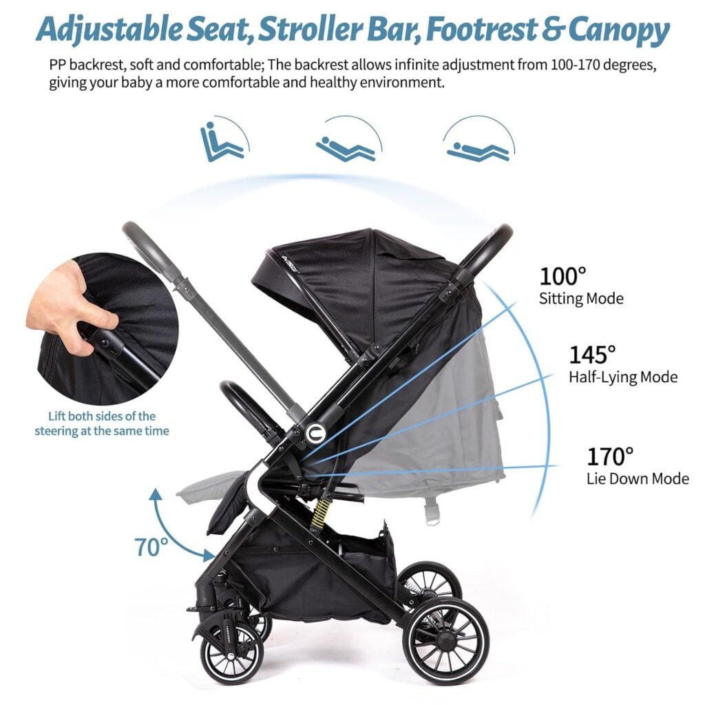 Lightweight Reversible Baby Stroller, Infant Toddler Stroller, One Hand Easy Folding Compact Travel Stroller with Cup Holder Oversize Basket, Sleep Shade for Airplane Travel and More