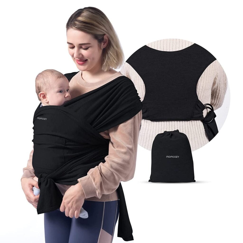 Momcozy Baby Wrap Carrier, Easy to Wear Infant Carrier Slings, Lightweight Hands Free Baby Sling, Adjustable Baby Carriers for Newborn to Toddler 8-35 lbs, Black