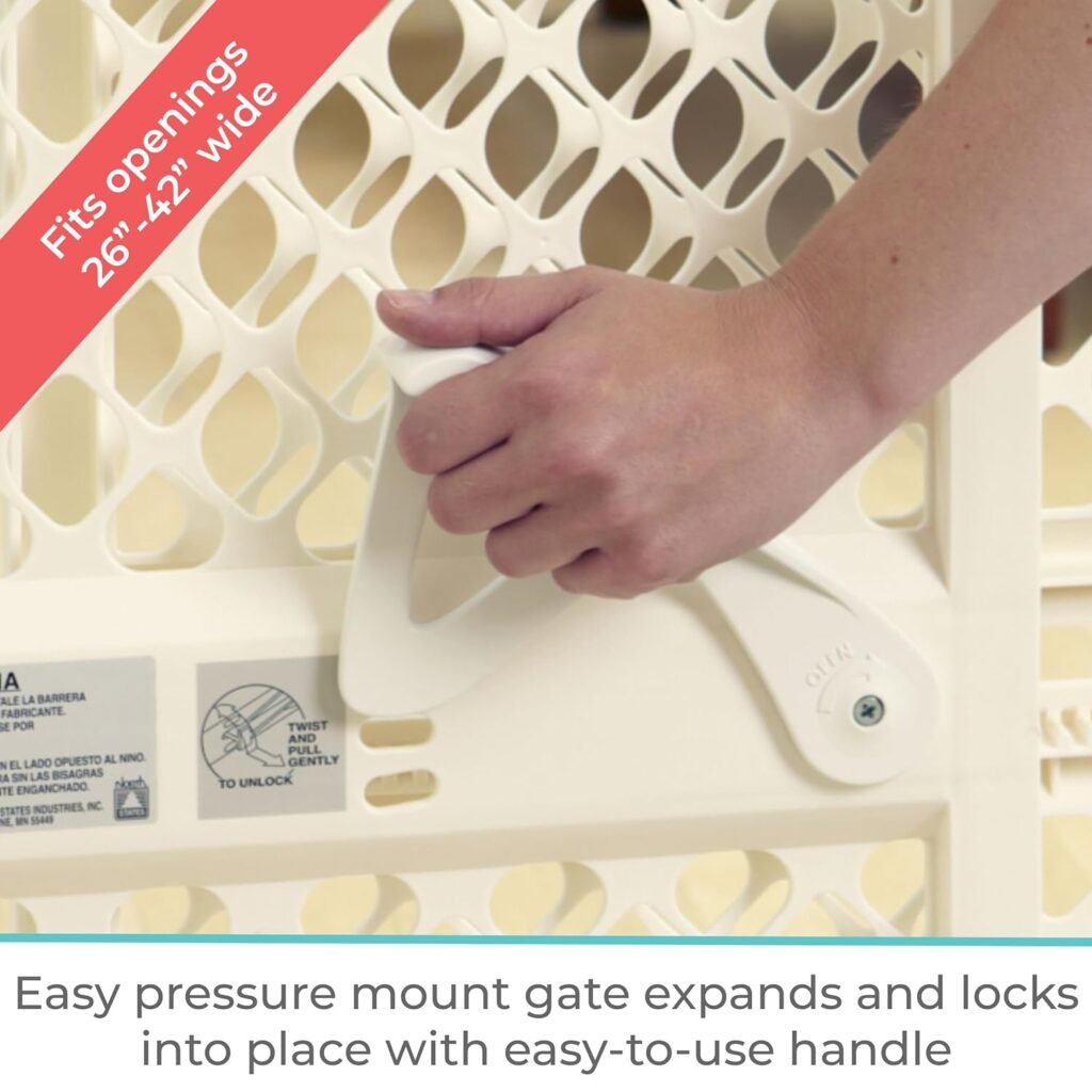 Toddleroo by North States Supergate Ergo Child Gate, Baby Gate for Stairs and Doorways. Includes Wall Cups. Pressure or Hardware Mount. Made in USA. (26 Tall, Sand)