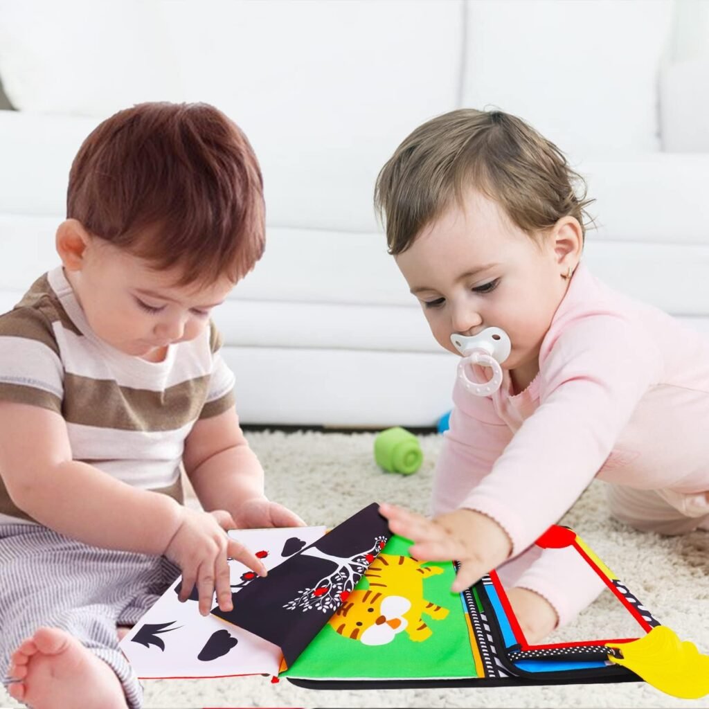 Tummy Time Baby Mirror Infant Toys Newborn Toys 0 3 Months Brain Development with Crinkle Cloth Book and Teether Black and White High Contrast Baby Toys 4 6 9 12 Month Boys Girls Crawling Sensory Toy