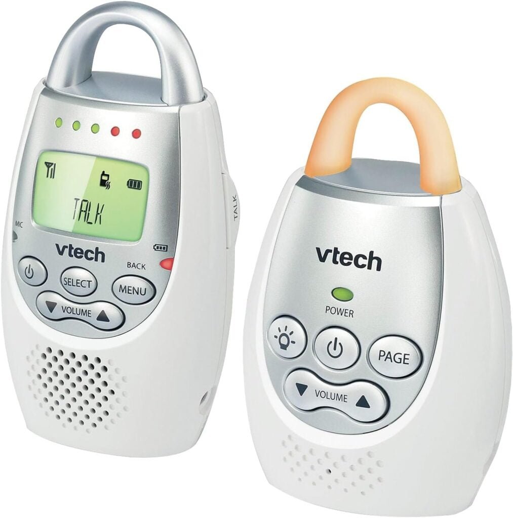 VTech DM221 Audio Baby Monitor with up to 1,000 ft of Range, Vibrating Sound-Alert, Talk Back Intercom Night Light Loop, White/Silver